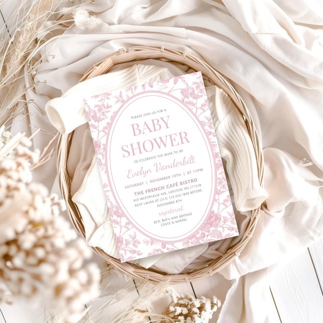 Vintage Soft Pink Toile Chinoiserie Baby Shower Invitation (Vintage Soft Pink Toile Chinoiserie Baby Shower Invitation)