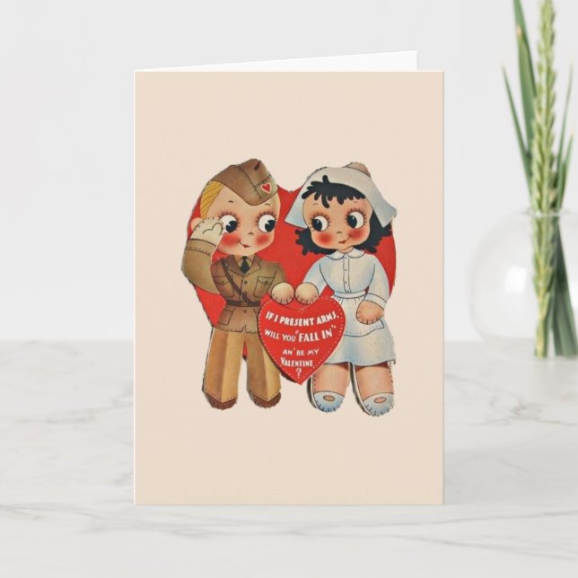 Vintage Soldier and Nurse Valentine Greeting Card (Front)