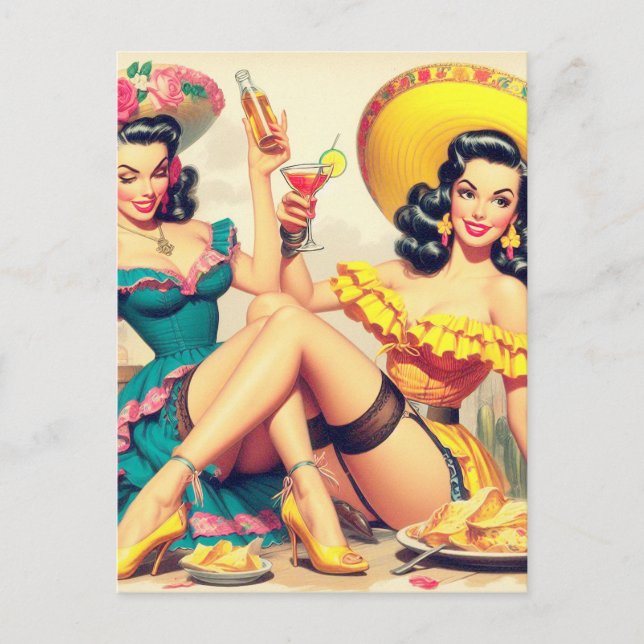 Vintage Sombrero Girls Postcard (Front)
