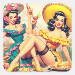 Vintage Sombrero Girls Square Sticker