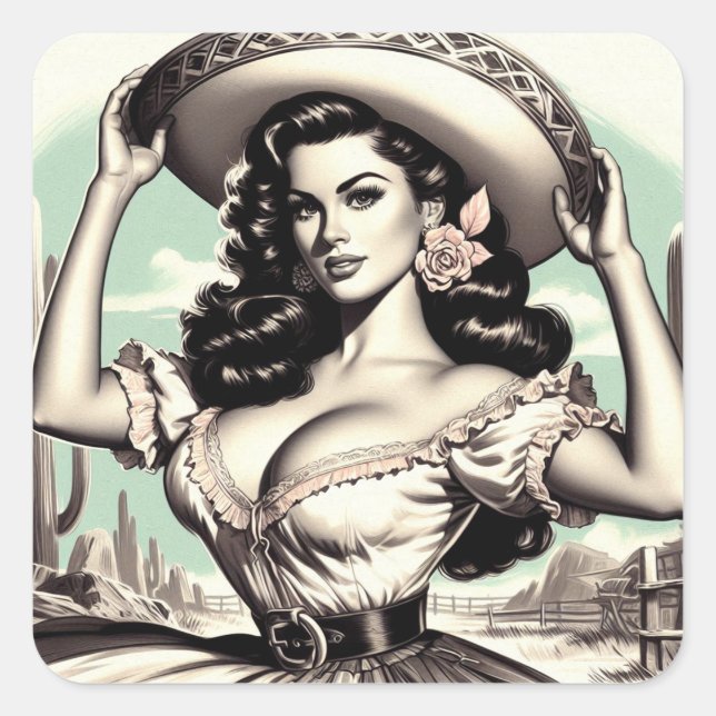 Vintage Sombrero Pin-up Square Sticker (Front)