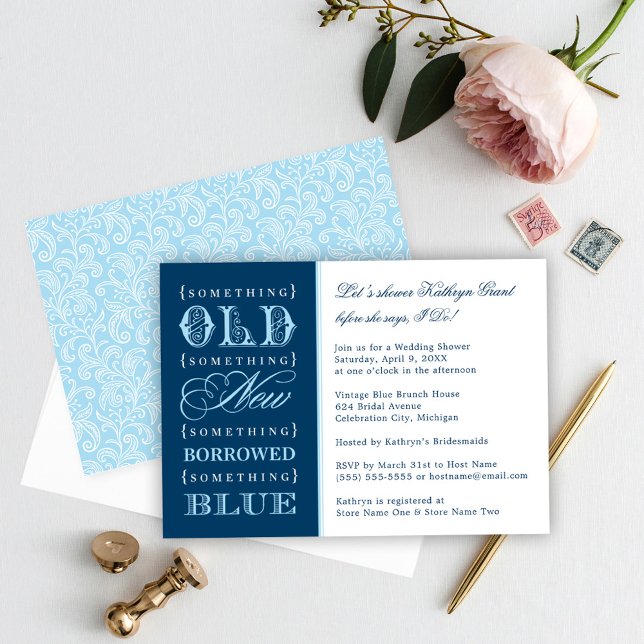 Vintage Something Blue Navy Wedding Bridal Shower Invitation (Creator Uploaded)