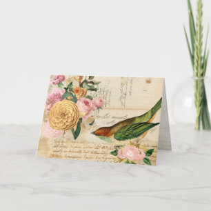 Vintage songbird and roses in blush and gold note card