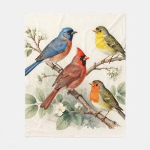 Vintage Songbird Blossom Branch Illustration Fleece Blanket