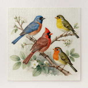 Vintage Songbird Blossom Branch Illustration Jigsaw Puzzle