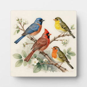 Vintage Songbird Blossom Branch Illustration Plaque