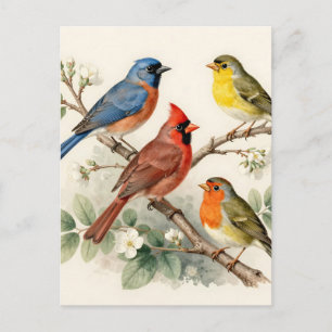Vintage Songbird Blossom Branch Illustration Postcard