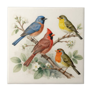 Vintage Songbird Blossom Branch Illustration Tile