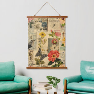 Vintage Songbird Floral Newspaper Collage Hanging Tapestry