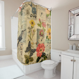 Vintage Songbird Floral Newspaper Collage Shower Curtain