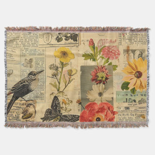 Vintage Songbird Floral Newspaper Collage Throw Blanket