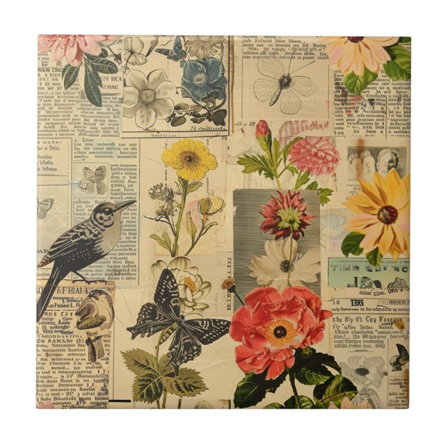 Vintage Songbird Floral Newspaper Collage Tile (Front)