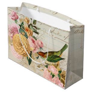 Vintage songbird gold blush pink roses large gift bag