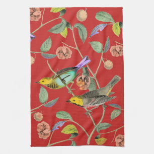 Vintage Songbird Red Tea Towel