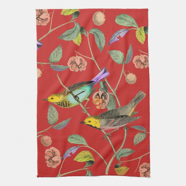 Vintage Songbird Red Tea Towel (Vertical)