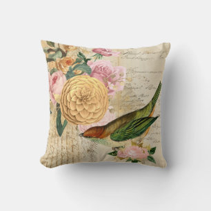 Vintage songbird roses gold blush pink cushion