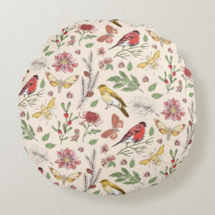 Vintage Songbirds, Butterflies & Floral Botanical Round Cushion