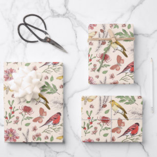 Vintage Songbirds, Butterflies & Floral Botanical Wrapping Paper Sheet