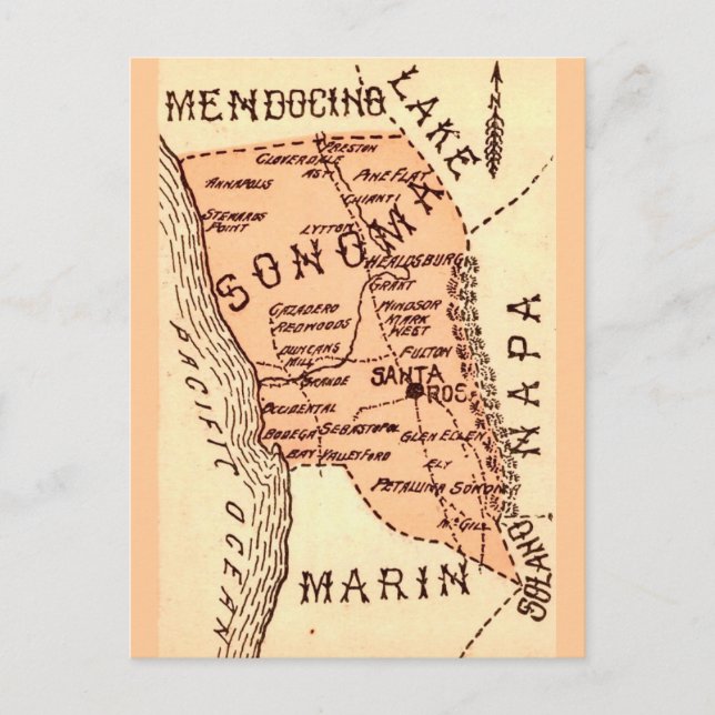 Vintage Sonoma County Map Postcard (Front)