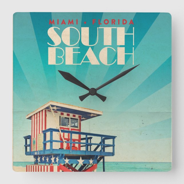 Vintage South Beach Florida Square Wall Clock (Front)