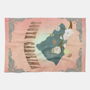 Vintage South Carolina State Map- Pastel Peach Tea Towel