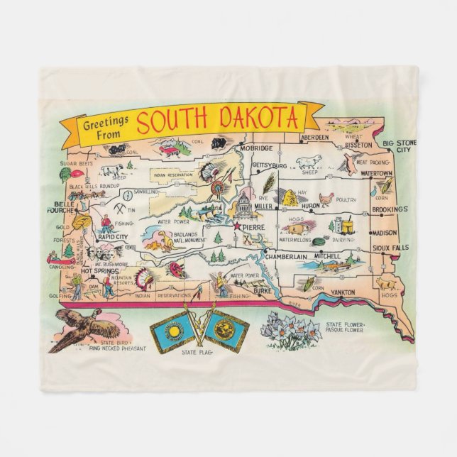Vintage South Dakota Map Fleece Throw Blanket (Front (Horizontal))
