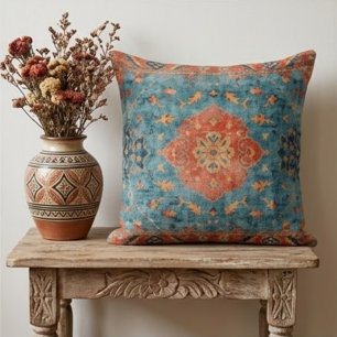 Vintage Southwestern Kilim Rug – Blue & Terracotta Cushion