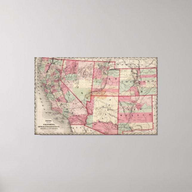 Vintage Southwestern United States Map (1869) Canvas Print (Front)