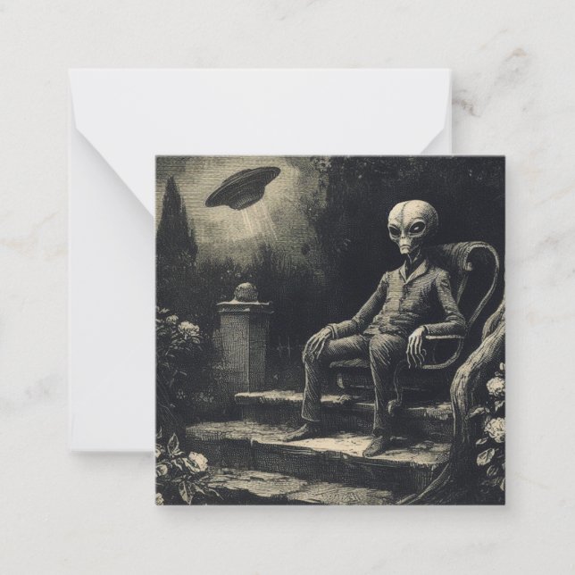 Vintage Space Alien and UFO Antique Engraving  Card (Front)