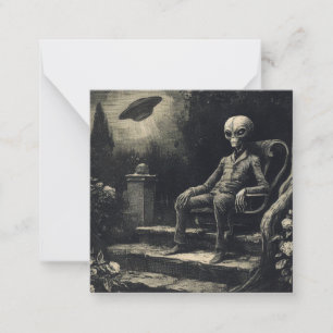 Vintage Space Alien and UFO Antique Engraving  Card