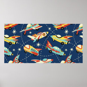 Vintage space cars seamless vintage pattern on dar poster