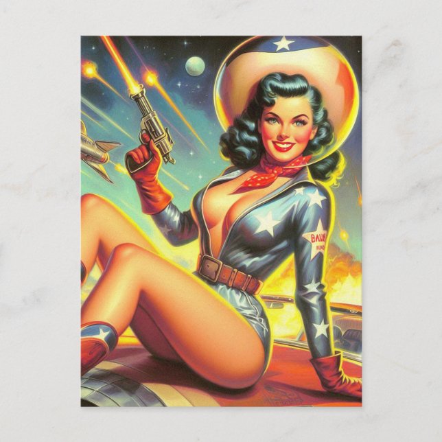 Vintage Space Cowgirl Pin Up Postcard (Front)