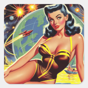 Vintage Space Pin-up Square Sticker
