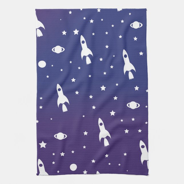 vintage Space Rockets Pattern Tea Towel (Vertical)