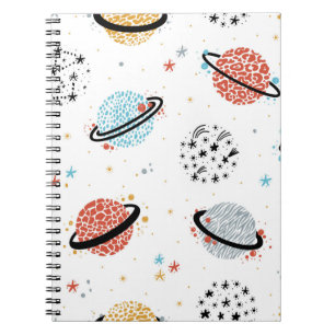 vintage Space Seamless Pattern with Doodle Saturn Notebook