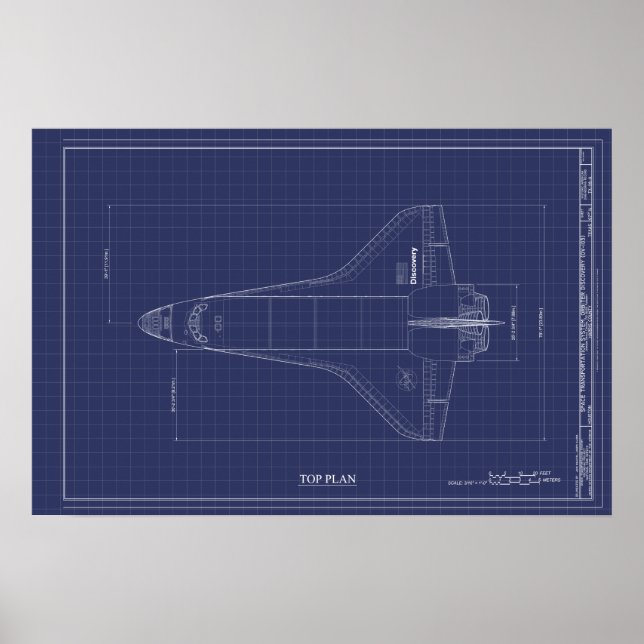 Vintage Space Shuttle Discovery Technical Drawing Poster (Front)