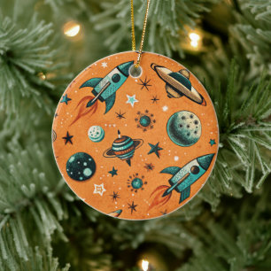 Vintage Spacecraft Rocket Ships Pattern -Cosmos(1) Ceramic Tree Decoration