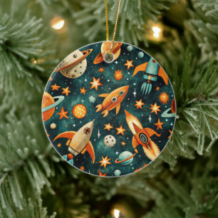 Vintage Spacecraft Rocket Ships Pattern -Cosmos(3) Ceramic Tree Decoration