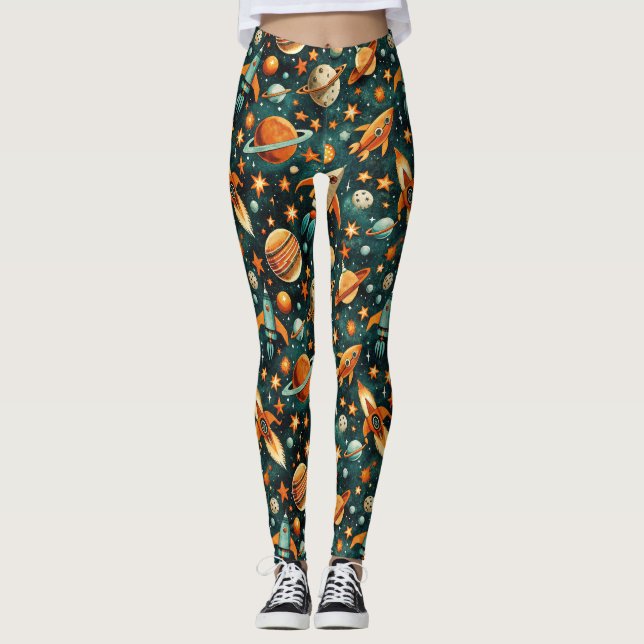 Vintage Spacecraft Rocket Ships Pattern -Cosmos(3) Leggings (Front)