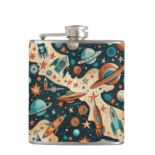 Vintage Spacecraft Rocket Ships Pattern -Cosmos(4) Hip Flask