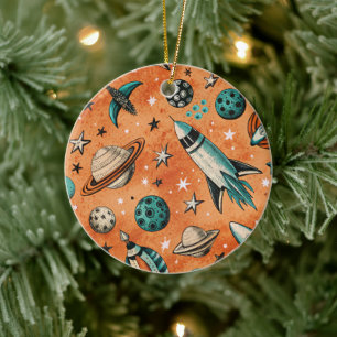 Vintage Spacecraft Rocket Ships Pattern -Cosmos(5) Ceramic Tree Decoration