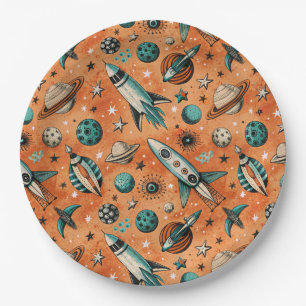 Vintage Spacecraft Rocket Ships Pattern -Cosmos(5) Paper Plate