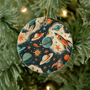 Vintage Spacecraft Rocket Ships Pattern -Cosmos(6) Ceramic Tree Decoration