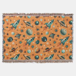 Vintage Spacecraft Rocket Ships Pattern -Cosmos Throw Blanket