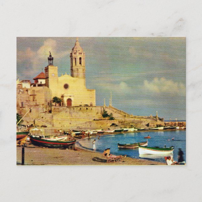 Vintage Spain,  Sitges, cathedral and waterfront Postcard (Front)