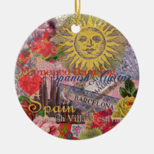 Vintage Spain Sunshine Travel Collage Retro Europe Ceramic Tree Decoration