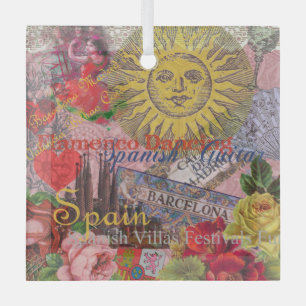 Vintage Spain Sunshine Travel Collage Retro Europe Glass Tree Decoration