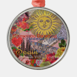Vintage Spain Sunshine Travel Collage Retro Europe Metal Tree Decoration