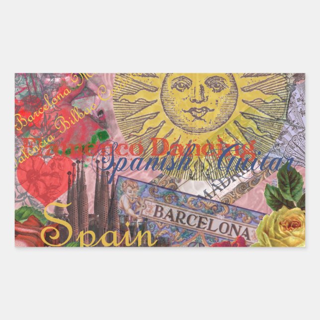 Vintage Spain Sunshine Travel Collage Retro Europe Rectangular Sticker (Front)