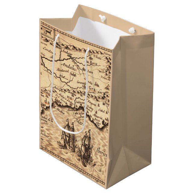 Vintage Spanish Coast Map with Sailing Galleons Medium Gift Bag (Front Angled)